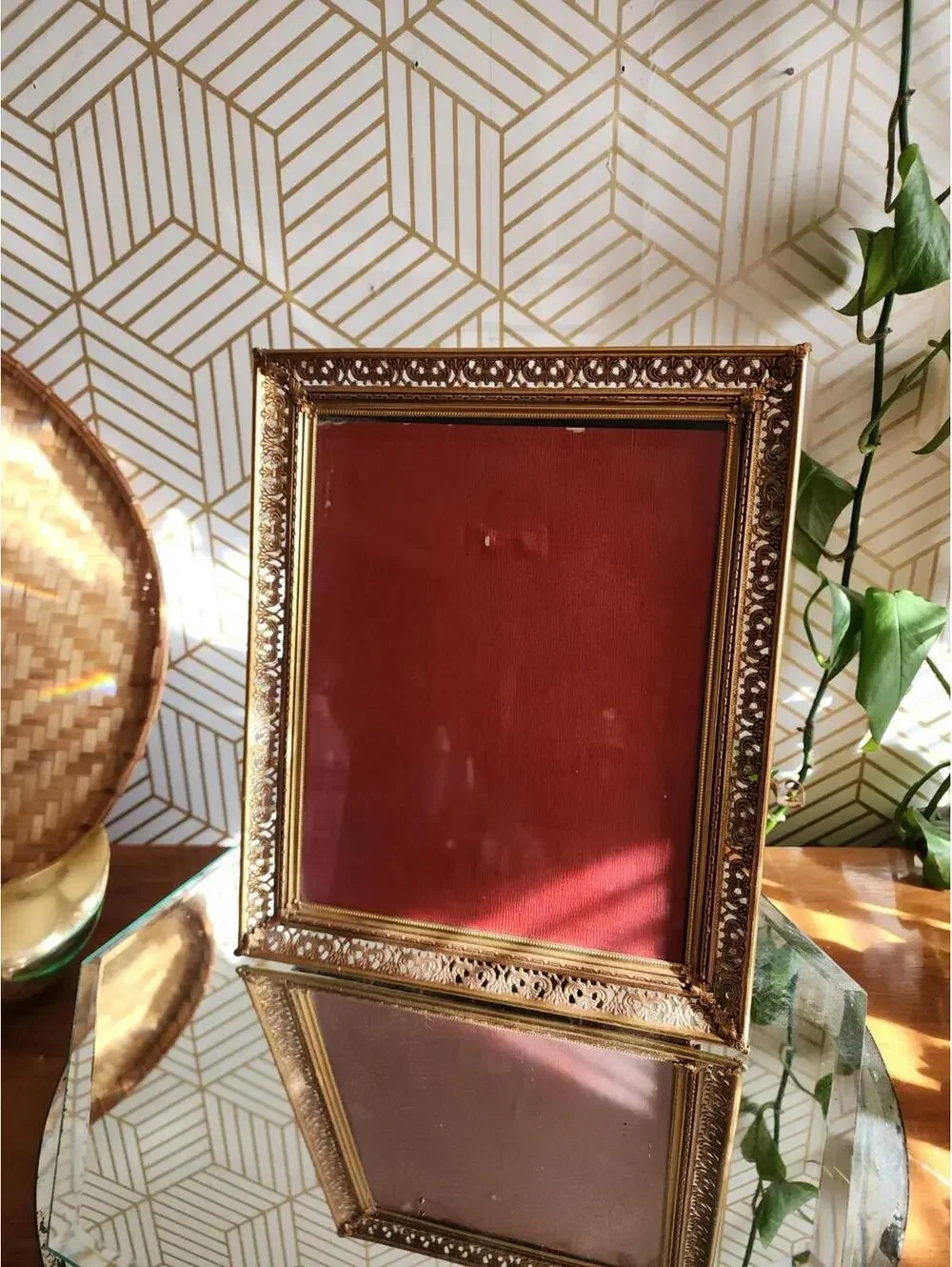 Vintage Copper Brass Filigree Ornate Freestanding Photo Frame 8x10